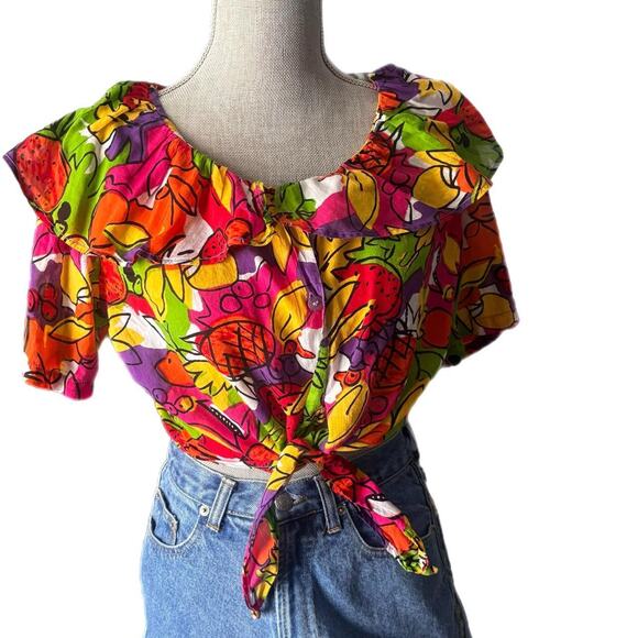 90's multi coloured fruity blouse with ruffles and tie front - Picture 1 of 2